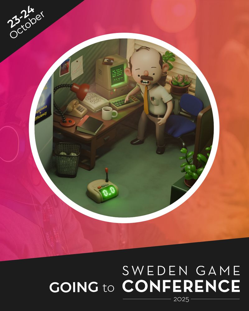 A mock up screenshot of the game A corporate Machine inside a frame promoting the even Sweden Game Conference on October 23-24 2025