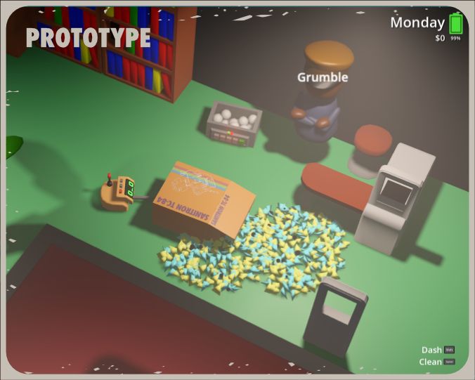 A screenshot from the prototype of the game A Corporate Machine. A rough model of a cute robot vacuum cleaner is dragging a box along a hallway in an office. A guard character blocked up by capsule shapes has the word crumple above his head-shape and his arm shapes are crossed as if angry. The image is titled with the word prototype.