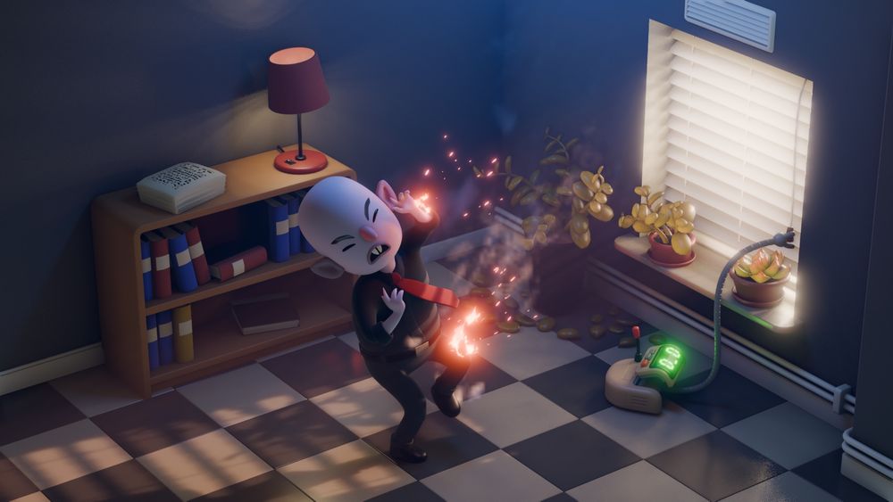 A robot vacuum opens the blinds, exposing a vampire in a suit to sunlight in a humorous office scene.