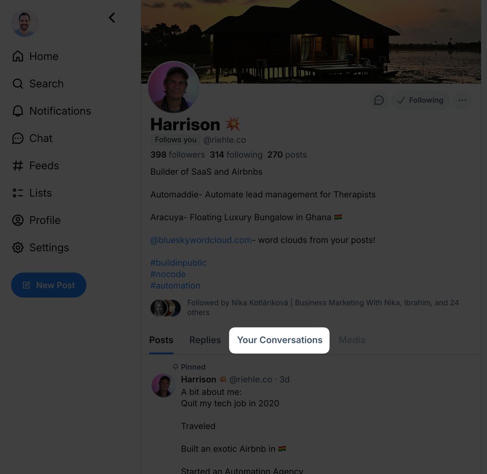 Highlighted "Your Conversations" tab on a Bluesky profile.