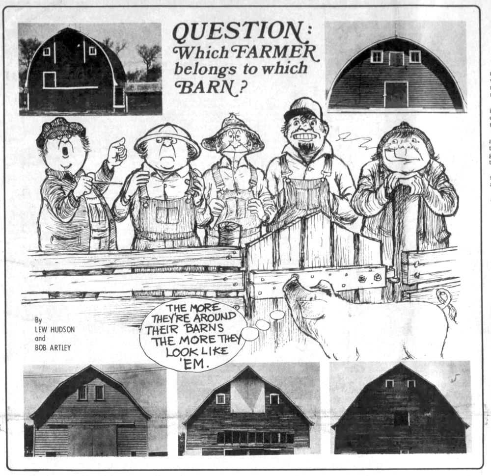 A cartoon including photographs of barns that look like faces, accompanied by cartoon renderings of farmers that each resemble one of the barns. 