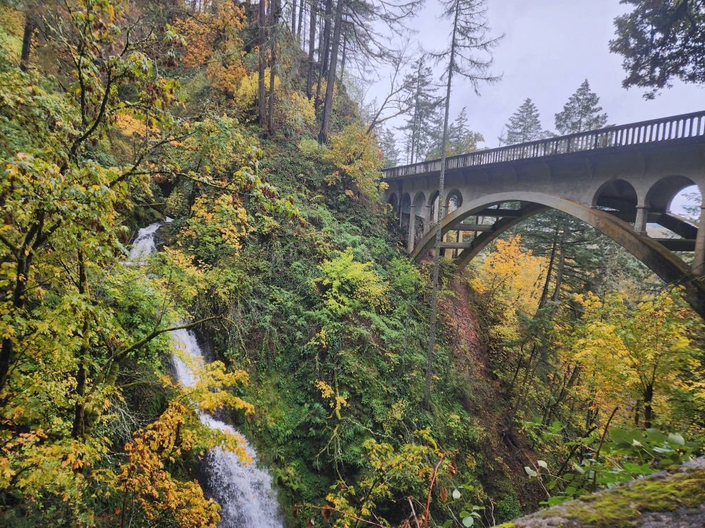 a smallish waterfall cascading next to a metal bridge, nestled in autumn greenery 