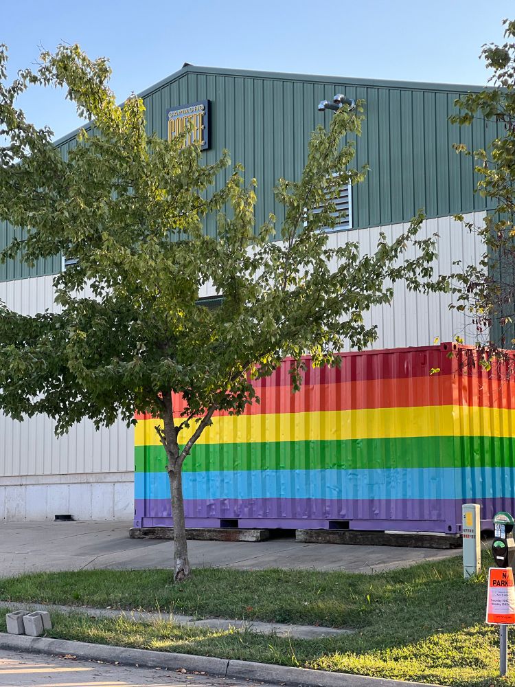 Large rainbow dumpster or perhaps cargo bin outside of a building