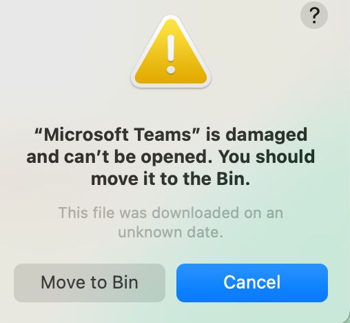 "Microsoft Teams is damaged and you should move it to the bin"