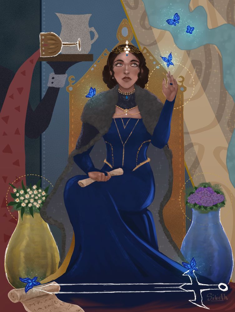 digital painting of thetwi’s character Luciana in the style of the Dragon Age: Inquisition tarot cards, but borrowing the concept from one of the designs for The Priestess from more widely known tarot card deck. Luciana, the queen, sits on her throne and clutches a scroll in her lap with her bodyguard’s sword laid at her feet. to her sides instead of pillars are two flower vases: one with daisies, other with purple hydrangeas. Blue butterflies, the manifestations of her magic powers are included in the scene - she’s reaching towards one of them that are flying in a beam of light coming through the (out-of-canvas) window. to her side a goblet of ‘wine’ being served spills onto the floor
