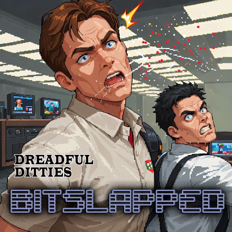 pixel art rendering of a man with dark hair dramatically slapping another man with auburn hair. red and white pixels are flying from the slapped man's mouth in a dramatic expression.