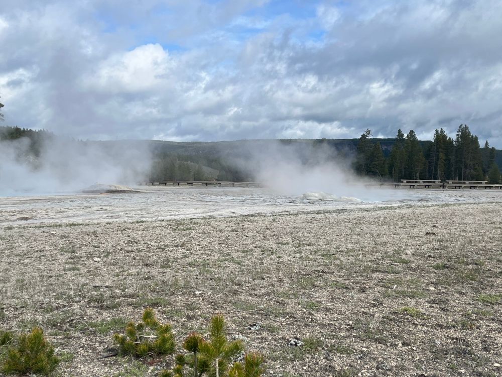 Photo of thermal area against a mostly cloudy sky. Daisy Geyser is a pool a couple meters across with beaded geyserite cones in front of it.