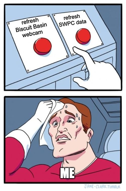 Meme based on a two-panel comic. The top panel shows two red buttons with the captions "refresh Biscuit Basin webcam" and "refresh SWPC data." A white gloved hand hovers over the buttons. The bottom panel shows a man wiping sweat dripping from his face as if he can't decide which button to push. The caption reads "me."
