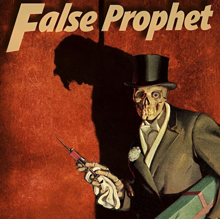 Picture of Bob Dylan's 'False Prophet' in reaction to Friday's White House pig circus - the shadow of the hanging stranger in the background has a familiar haircut with the beady skull-stare of Death in the foreground, syringe at the ready