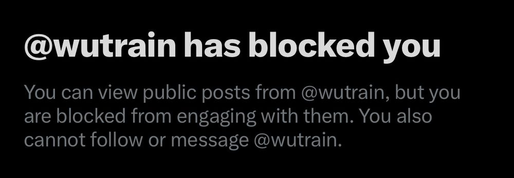 Screenshot from X (né Twitter) showing that the @wutrain account blocked Boston Globe Corrections Desk