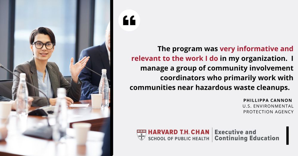 Image of a person speaking at a board meeting, accompanied by the following quote: "The program was very informative and relevant to the work I do in my organization. I manage a group of community involvement coordinators who primarily work with communities near hazardous waste cleanups" —Phillippa Cannon, US Environmental Protection Agency.