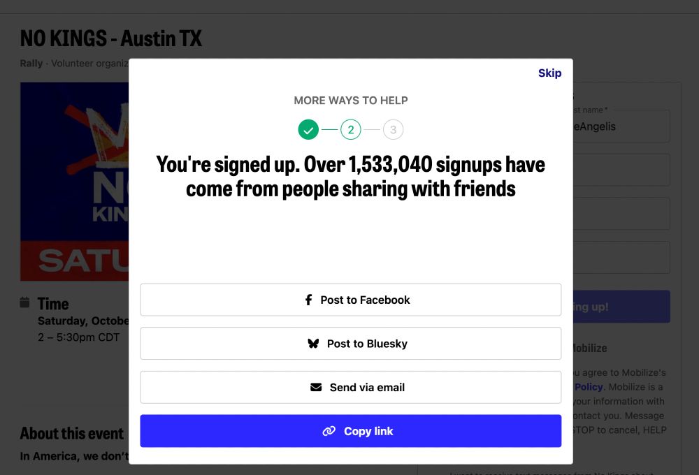 No Kings signup page -- "over 1.5M signups have come from people sharing with friends"