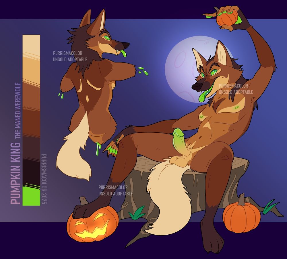A sheet of an anthropomorphic maned wolf. One angle shows his back, which features markings resembling a jack-o-lantern's eyes and nose. The base of the tail makes a mouth. Another angle shows him lounged backwards on a tree stump, holding a pumpkin above his head. His front also features jack-o-lantern markings.