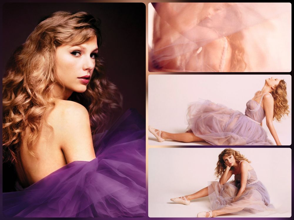 Collage of artwork from Taylor Swift, speak now Taylor’s version. The photo on the left is the album cover with Taylor, wearing a puffy tool off the shoulder gown, looking over her shoulder with her hair flying behind her and the photos on the right arm outtakes of Taylor Swift posing in her ballet gown with ballet shoes.