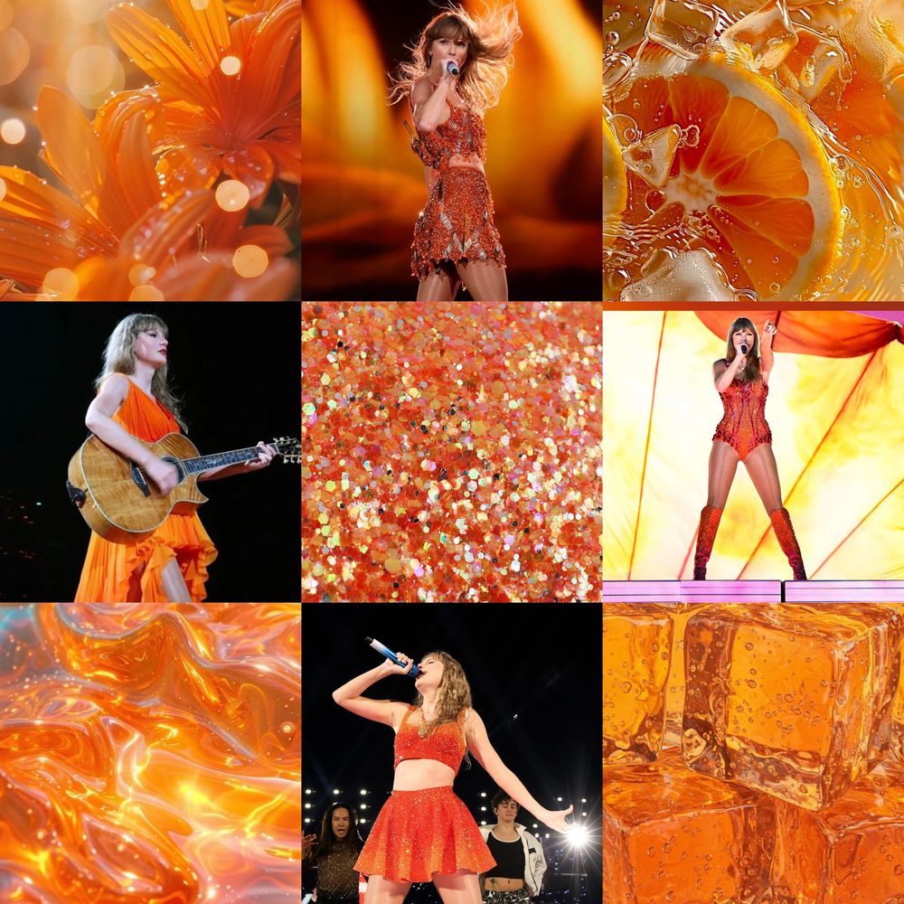 A photo collage of Taylor, Swift, and orange themes. In the first photo, there is a picture of orange lilies. The second photo is Taylor Swift wearing the orange two-piece outfit during the 1989 set. She is looking over her shoulder. The third photo is of oranges and ice cubes floating in water. The fourth picture is Taylor Swift wearing the sunset orange version of her surprise song dress playing her acoustic guitar. The fifth photo is of orange and pink sparkles. The sixth photo Taylor Swift is wearing the orange and pink version of the lover bodysuit with the lover petals visible behind her. The Last row is of water and sunlight reflecting off of it Taylor Swift singing into the microphone while wearing her orange two-piece 1989 set and singing into a blue microphone and the last picture is of orange ice cubes.