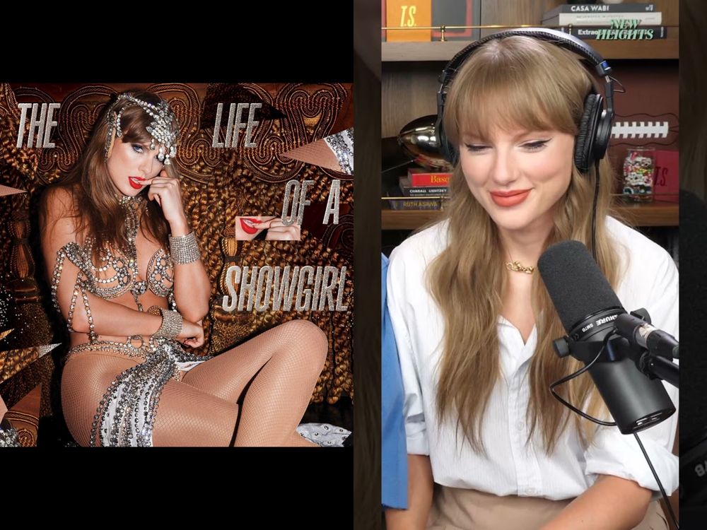 A side-by-side comparison of Taylor Swift’s new CD cover life of a showgirl and silver and Taylor Swift on the podcast
