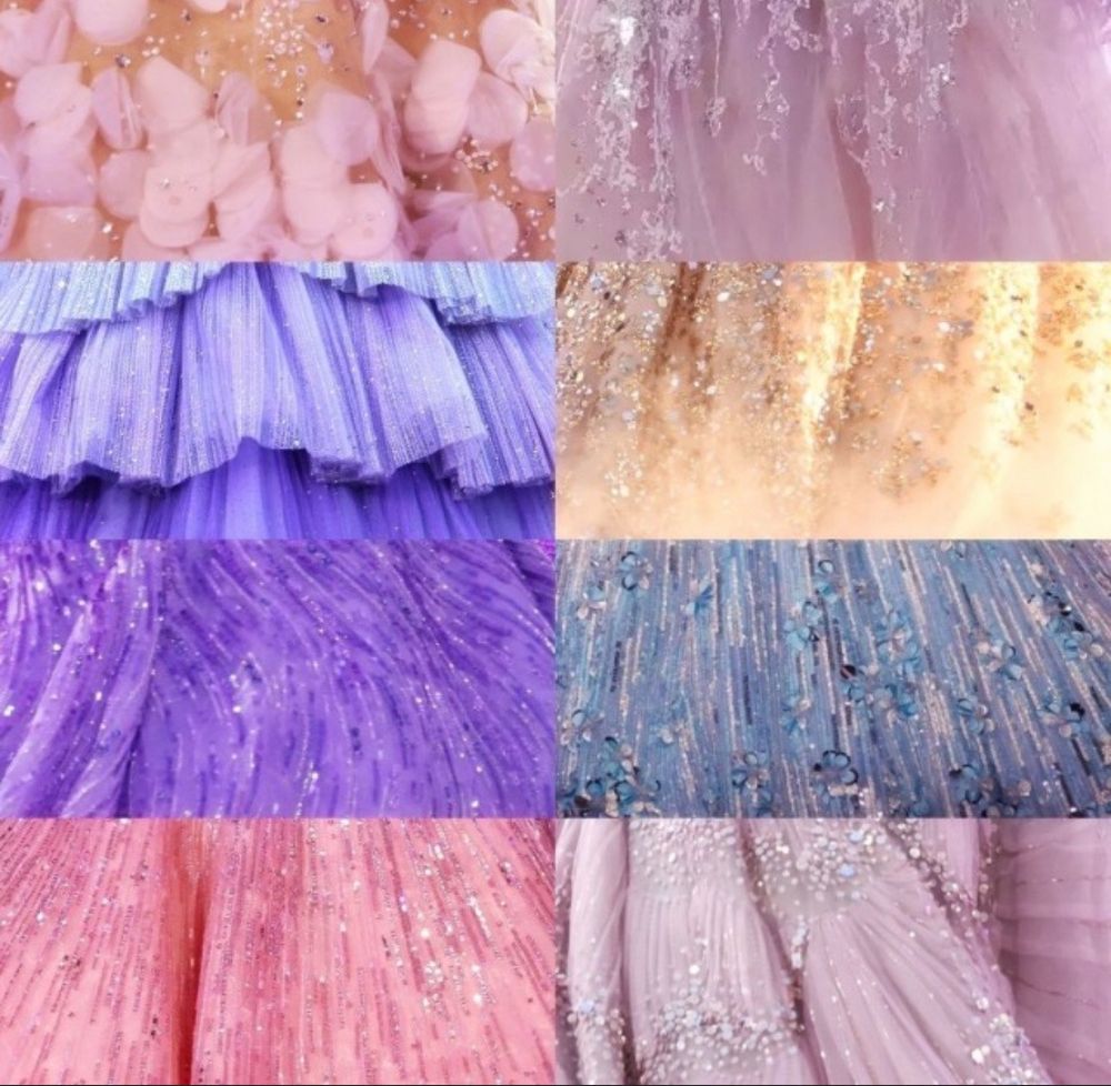 Close-up pictures of Taylor Swift speak now dresses in order, they are, tissue paper, silver, cupcake, champagne, swirls, Elsa, pink, wonderstruck