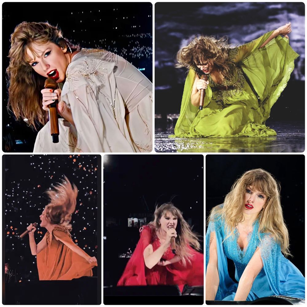 A five photo collection of Taylor Swift performing my tears ricochet where she is kneeling down on the ground. She is wearing  the cream dress in the top left, then green, red, and blue.