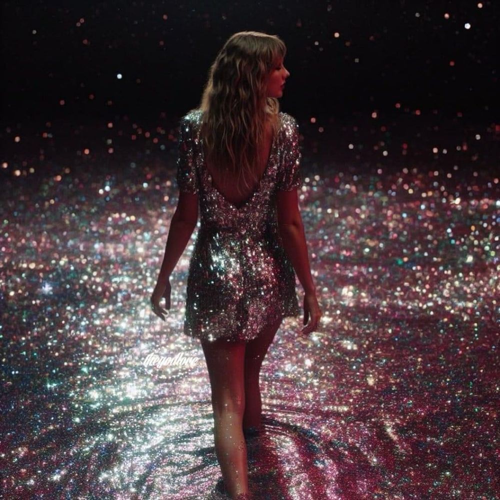 An artistic depiction of Taylor Swift walking through a sea a glitter, she is walking away from the point of view, she is wearing a silvery glitter dress 