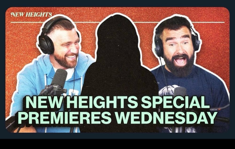 Screenshot of the new height podcast announcement with Travis and Jason in headphones and smiling in a blurred out person in the middle saying new height special premieres Wednesday