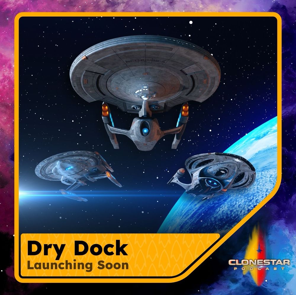 The image depicts three futuristic starships in space, with a starry backdrop. The main starship is prominently centered, with a circular and disc-like structure and a sleek design with glowing blue lights. Two smaller ships flank it, both featuring similar designs. The bottom right corner shows a portion of a bright, blue planet partially visible against the dark of space. The border of the image features a gradient mix of purples, blues, and yellows, with a thick yellow frame. The bottom left section has a yellow banner with bold black text.

Alt-text:

Three futuristic starships in space with a starry backdrop and a blue planet partially visible.

Transcribed Text:

Dry Dock Launching Soon

CLONESTAR PODCAST