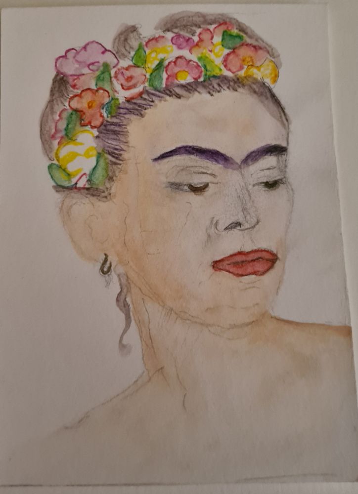 Frieda Kahlo seitliches Profil gezeichnet mit Bleistift und Aquarellfarben.