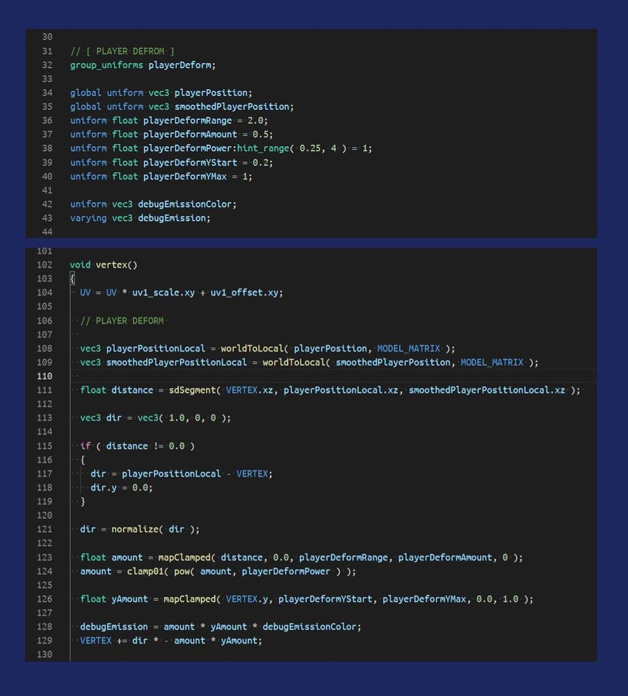 Code to deform the grass in a shader for godot