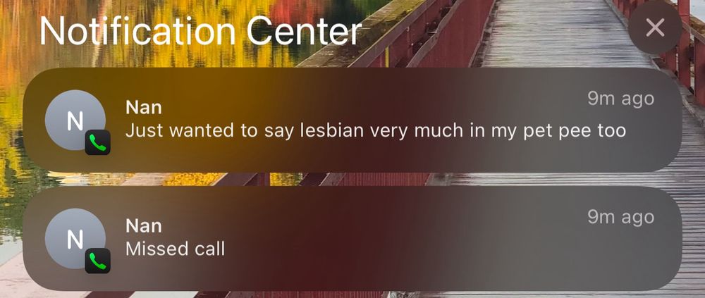 A screenshot of a missed call notification and a voicemail notification from my Nan. According to apple Nan’s voicemail says “Just wanted to say lesbians very much in my pet pee too.” What she actually said is “Just wanted to say love yuns very much and my puppies too.” 