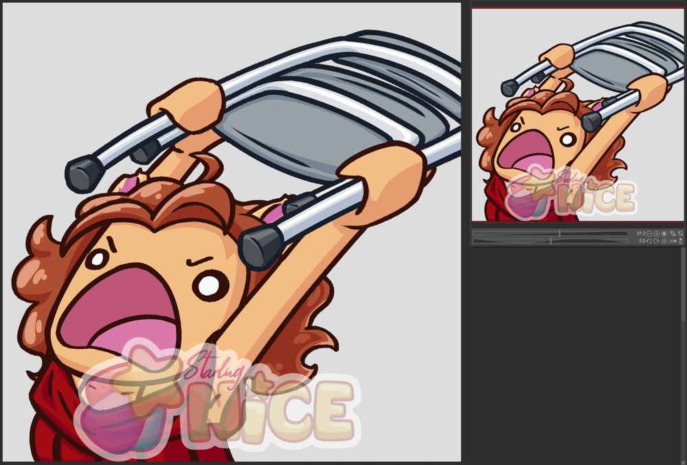 Cartoon of angry lady with a red top and red hair, weilding a foldable chair above her head as a weapon; watermared as 'Starling NICE'. Screenshot from Clip Studio Paint art program.