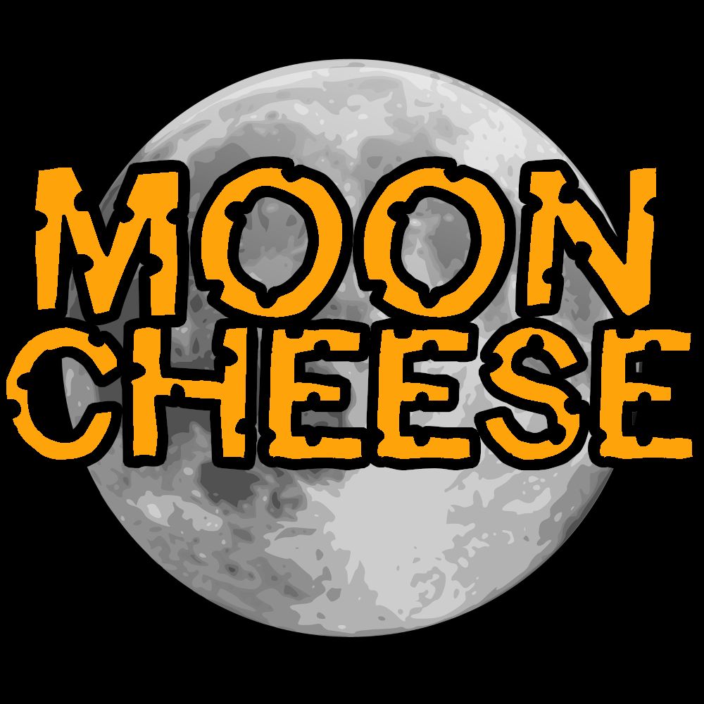 In yellow with a black outline, the phrase "MOON CHEESE" In a font that looks like it's made of swiss cheese. The words are on top of a graphic of the moon