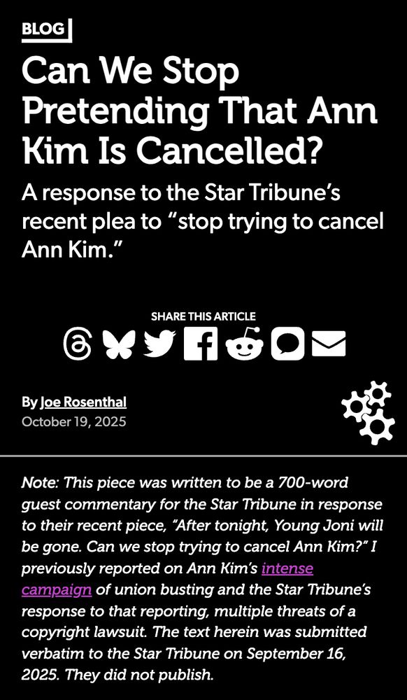 A screenshot of the article, "Can We Stop Pretending That Ann Kim Is Cancelled" from RichardEaglespoon.com