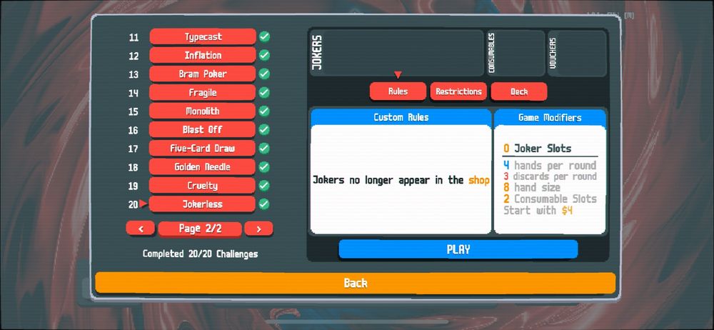 A screenshot from Balatro, showing the second page of optional challenges, with all challenges marked as completed including the final challenge "jokerless" 