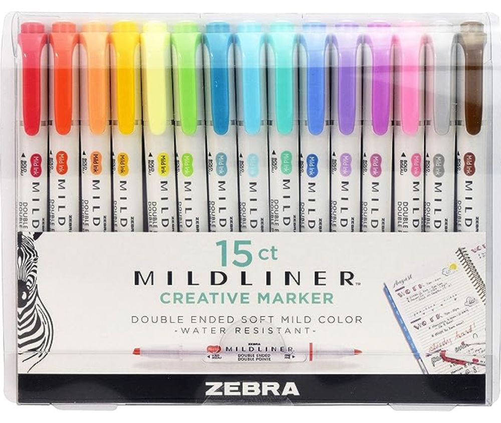 image of a package with a pastel rainbow array of pens that reads "15 ct MIDLINER creative marker double ended soft mild color water resistant" on the packaging