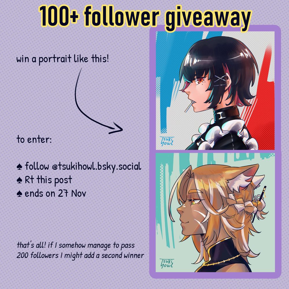 Image with the same rules of the giveaway as written in the post and examples. The examples are a side profile portrait, full color bust