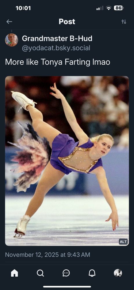 The same photo of Tonya Harding ice skating with the explosion from the other photo edited in to make it look like Harding is farting 