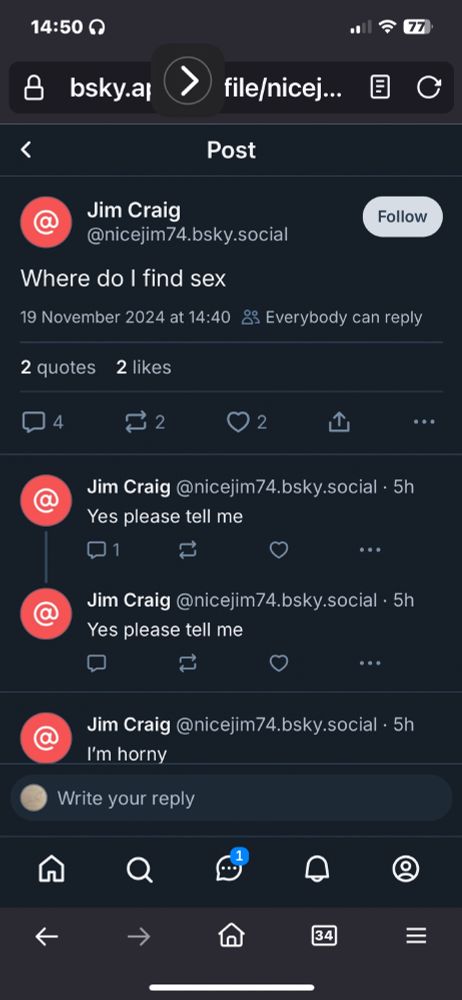 user Jim Craig (nicejim74.bsky.social) posting "where do i find sex". the replies are all from himself. in order: "Yes please tell me", "Yes please tell me", "im horny"