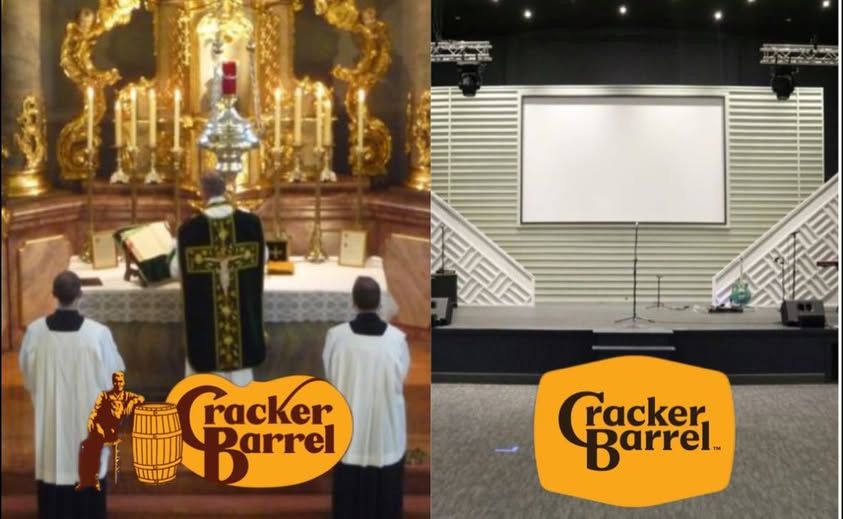 A meme comparing Cracker Barrel’s old logo to a high church mass and its new minimalist logo to a bare stage with a screen 