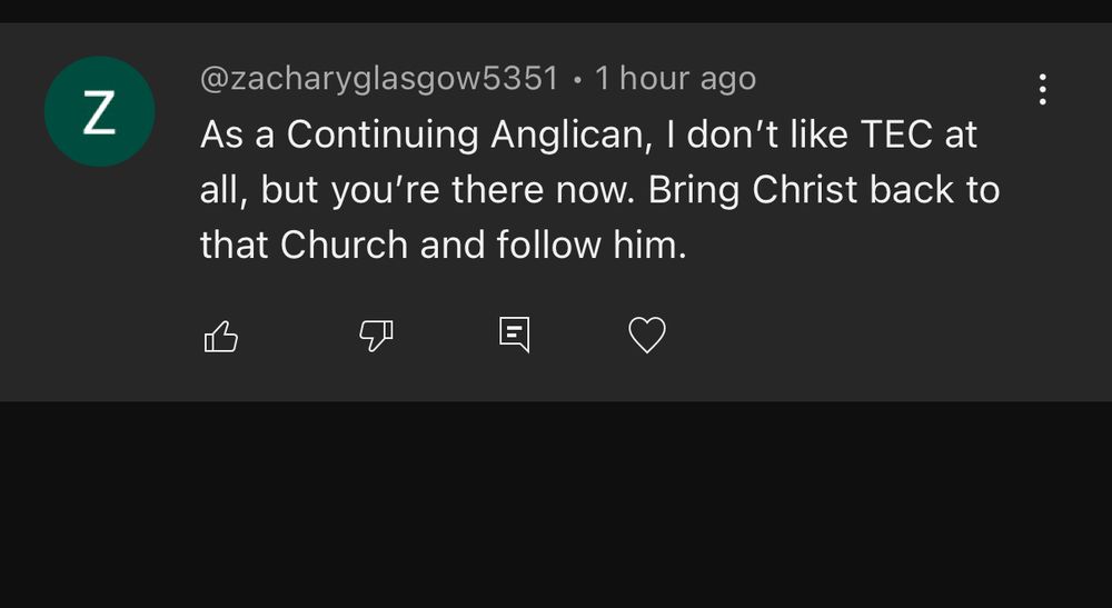 
@zacharyglasgow5351 • 1 hour ago
As a Continuing Anglican, I don't like TEC at all, but you're there now. Bring Christ back to that Church and follow him.
回