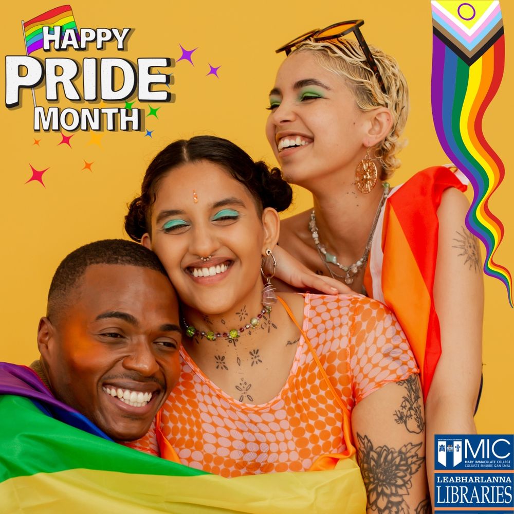 Image is of three people smiling and hugging wearing a Pride flag, with a dark yellow background. There are graphics of two Pride flags, multicoloured stars and the caption 'Happy Pride Month' in white font with the blue Libraries logo in the bottom right corner.