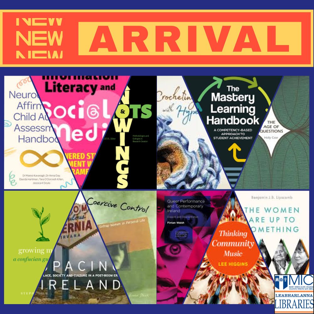 Picture is a collage of new e-books available in MIC's Library catalog plus a graphic that says "New arrival". The logo is in the bottom right corner