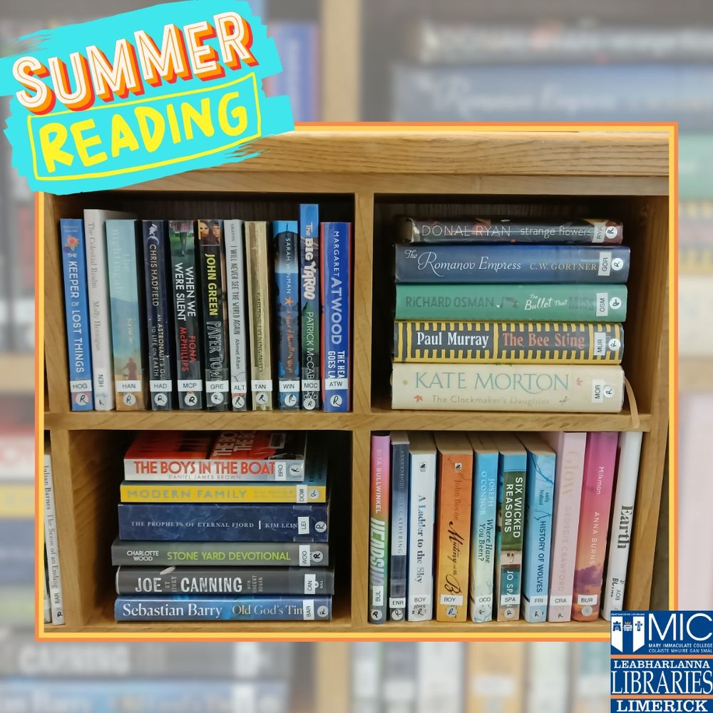 Image is of a picture of books stacked horizontally and vertically in square shaped shelves, with a yellow and orange border. This picture is on a blurred, enlarged and faded graphic of same. A blue, orange and yellow sticker saying 'Summer Reading' is in the top left corner with the navy Limerick library logo in the bottom right.