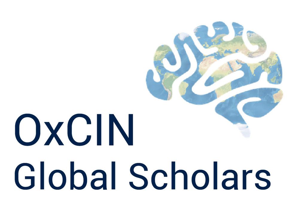 Stylized brain (the OxCIN logo) coloured as a blue/green map of the world, with the text OxCIN Global Scholars underneath