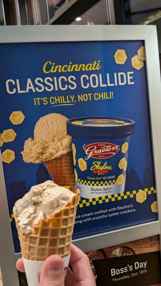 Ad for the Graeter's/Skyline chili ice cream collab, with a cone of the ice cream in front.