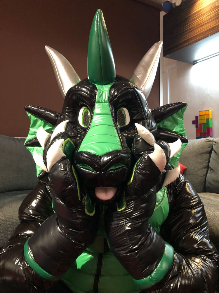 Zorr, the shiny nylon dragon, made of black and green glossy PU coated nylon.  His soft, padded handpaws are supporting his head, as he leans towards the camera for a closeup shot.