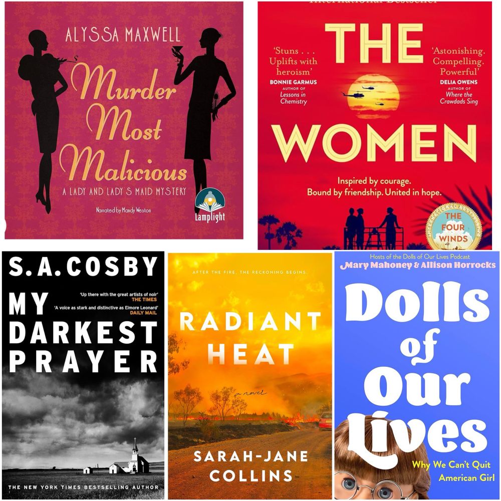 A photo collage showing the covers of Murder Most Malicious; The Women; My Darkest Prayer; Radiant Heat; and Dolls of Our Lives