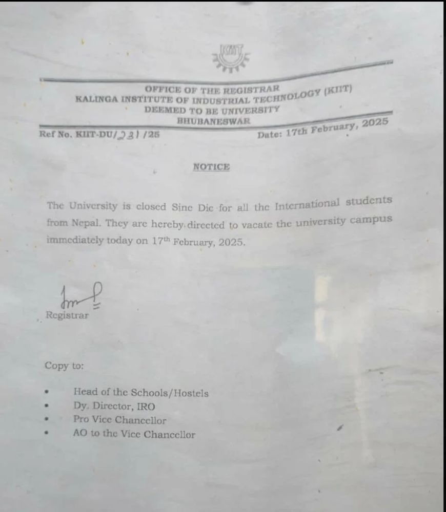 A notice from KIIT Bhubaneswar directing all Nepali international students to leave the campus immediately.