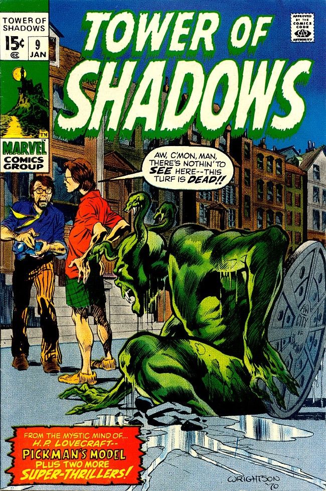  Tower of Shadows #9
Couverture d’une BD Marvel où deux hommes découvrent une créature verte sortant d’un égout, sous le titre : « Pickman’s Model », inspiré d’une histoire de Lovecraft.