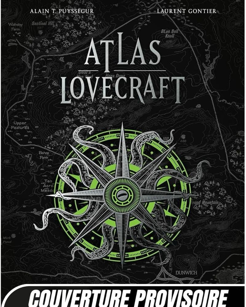 Couverture provisoire de l’Atlas Lovecraft 
Un fond de carte sombre, une compas boussole avec des tentacules 