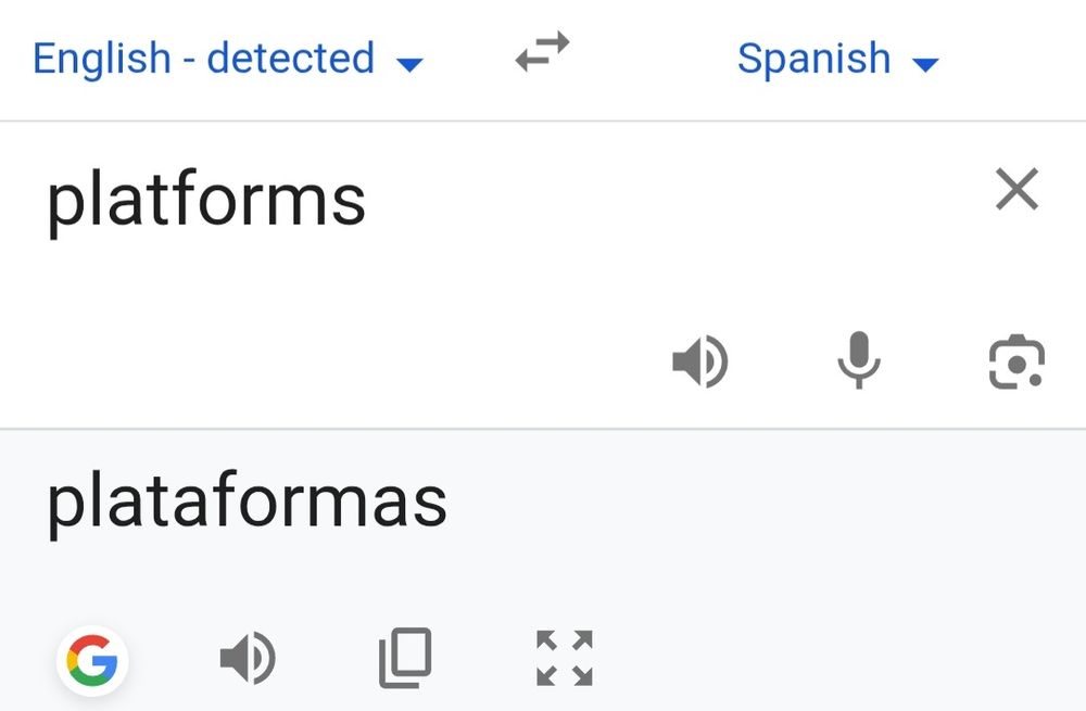 Google Translate screenshot showing the English word "platforms" and its Spanish equivalent "plataformas".