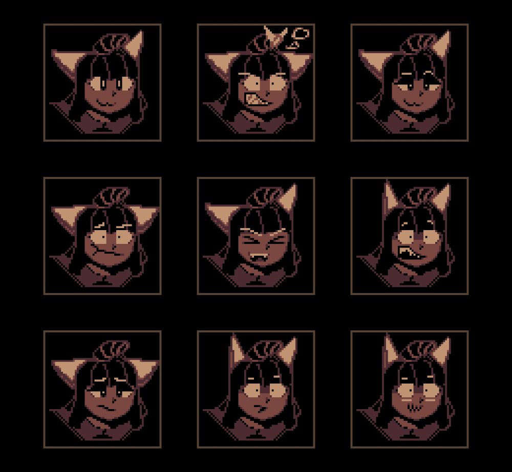 Pixel art portraits of my partner's OC, Diborane. She's quite expressive here.
(OC by @wuzzyfuzzy.bsky.social)